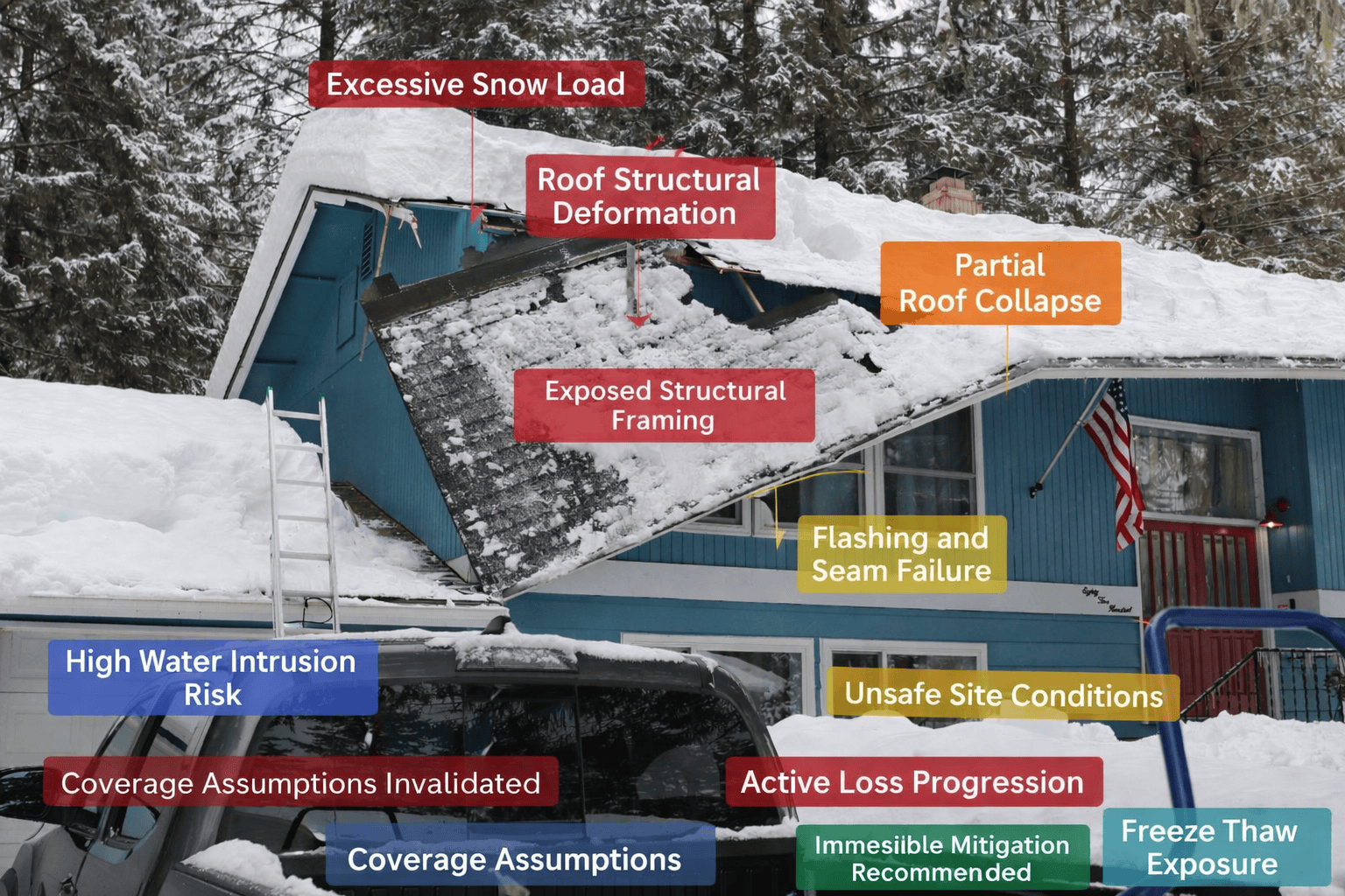 Ice dams and heavy snow buildup along a residential roofline, highlighting winter weather risk factors such as water intrusion, freeze thaw damage, and changing property condition relevant to insurance underwriting and risk assessment.