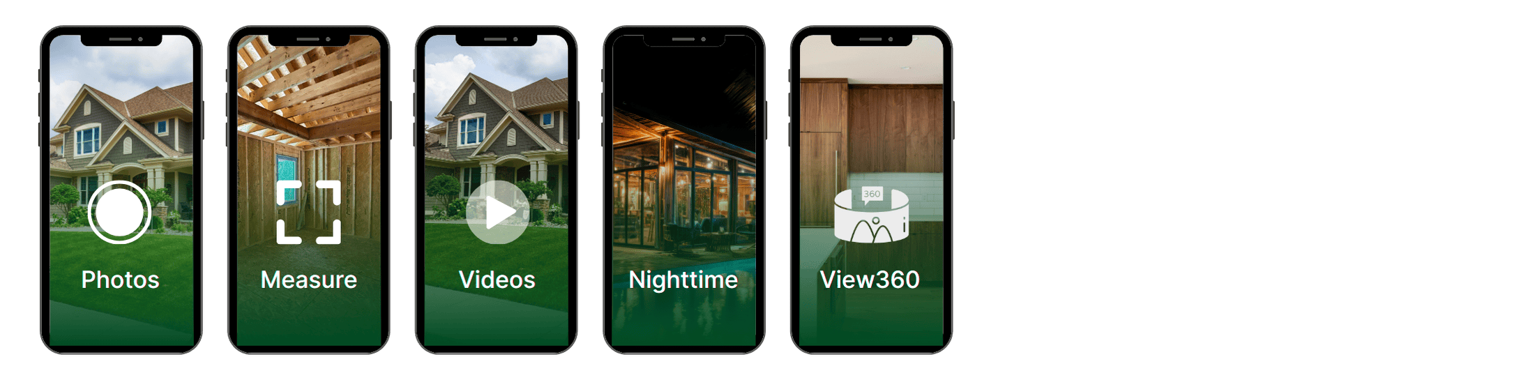 Row of mobile screens displaying ProxyPics data capture capabilities including exterior photos, on site measurements, property videos, nighttime imagery, and View360 panoramic views, illustrating multiple ways to collect verified property condition data through a single mobile platform.