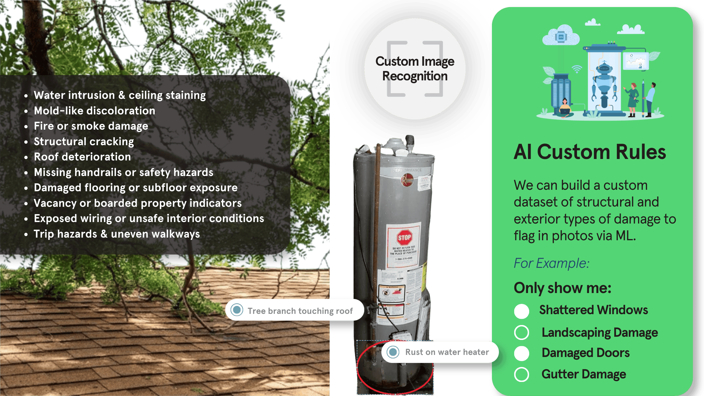 Machine learning model analyzing residential property inspection images to detect roof damage, water damage, deferred maintenance, safety hazards, and insurance risk indicators for underwriting and property condition assessments.
