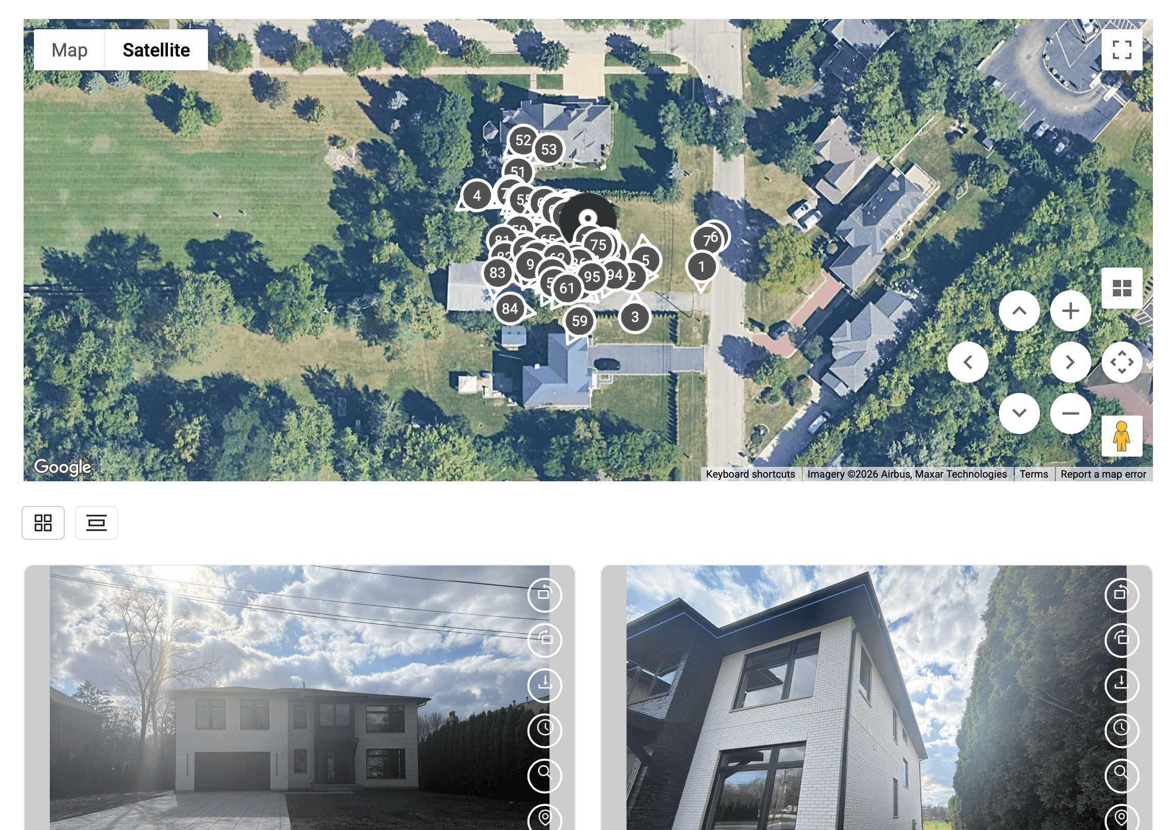 Aerial satellite view with location markers alongside ground-level property photos demonstrating gap between remote imagery and on-site inspections