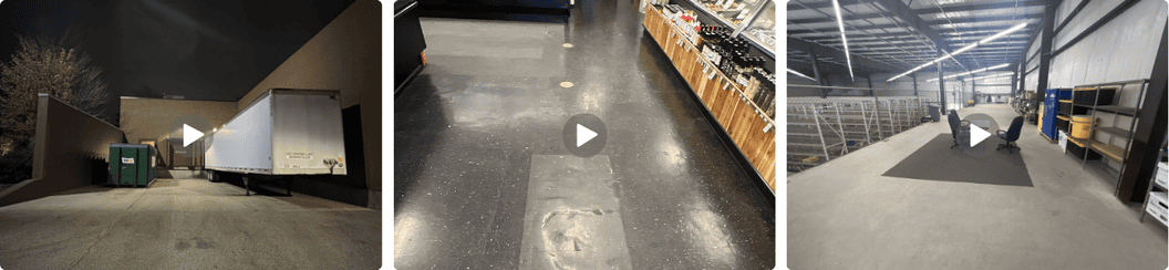 Still frames from ProxyPics Interior Video Walkthroughs showing retail storefront exteriors, warehouse interiors, and parking lot conditions. These videos document real-time site readiness, lighting performance, and exterior maintenance for facility managers preparing for the fall and winter season.