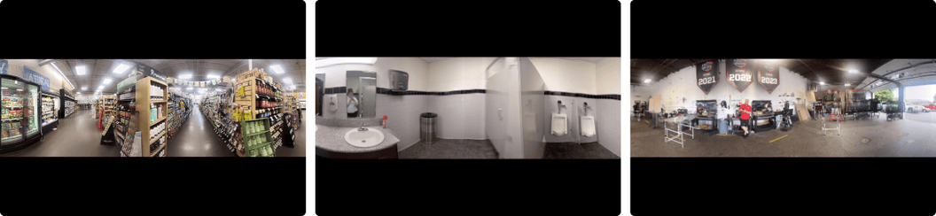 Panoramic View360 images showing different facility environments including a retail aisle, a restroom, and a service bay area, captured through ProxyPics mobile technology to document lighting, safety, and overall site conditions for facility managers preparing for winter readiness.