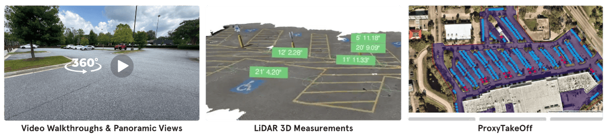 Our reports don’t stop at surface photos. They can include View360, video walk-throughs, 3D renderings, or even takeoffs that quantify square footage for crack fill, sealcoating, or re-striping.
