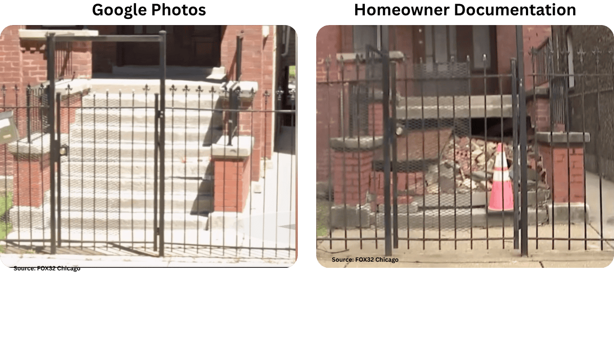 Before and after images of Chicago porch collapse showing pre-loss condition versus structural damage used in disputed insurance claim