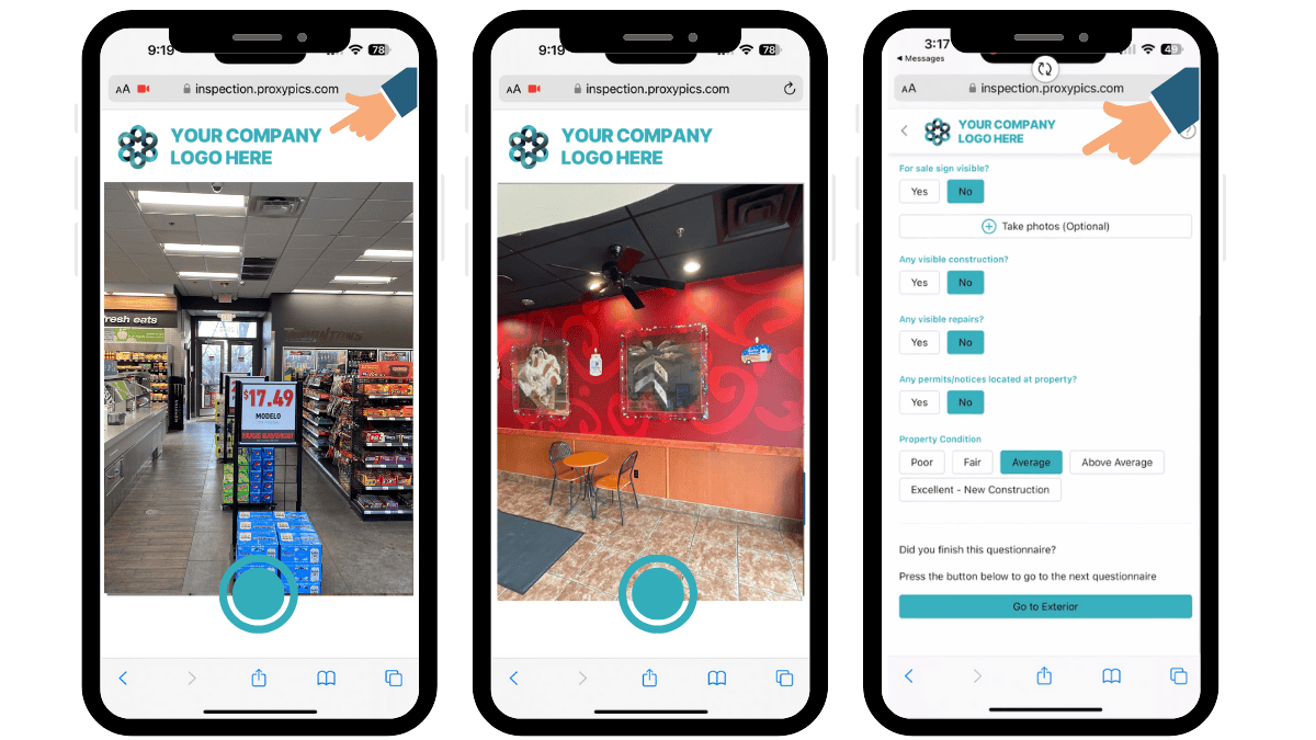 Three mobile screens displaying the ProxyPics Direct white-label platform with customizable company branding. Screens show on-site photo capture and data entry options for facility inspections, demonstrating how internal teams can complete scopes, upload photos, and transfer data directly to their system using ProxyPics technology.