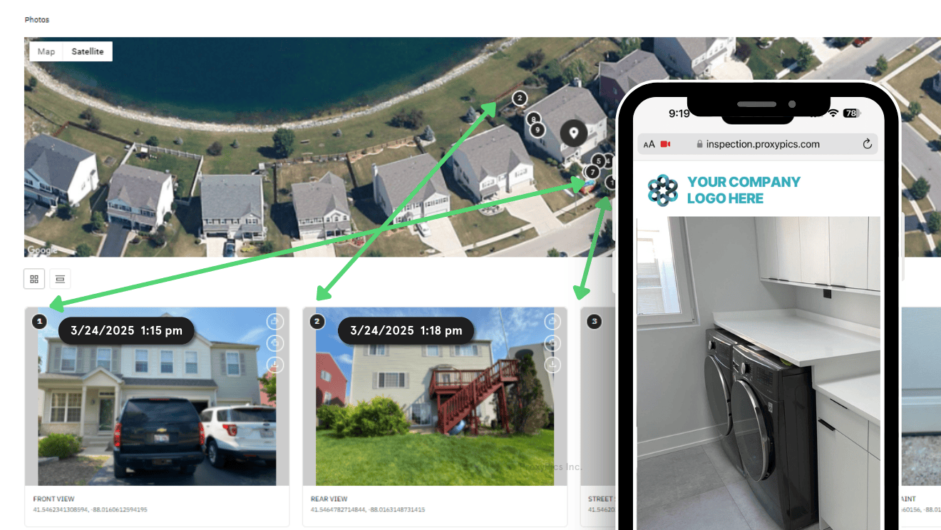 Screenshot showing a ProxyPics property condition report interface with geotagged exterior photos time stamped on the same day, mapped to the exact property location from satellite view, alongside a mobile self inspection view with a white labeled client logo capturing interior condition photos in real time for verified property data.