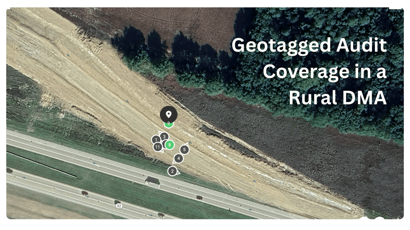 Satellite map view showing geotagged photo capture points for a rural billboard audit along Highway 32, used to verify ad placement and condition in a low-density DMA
