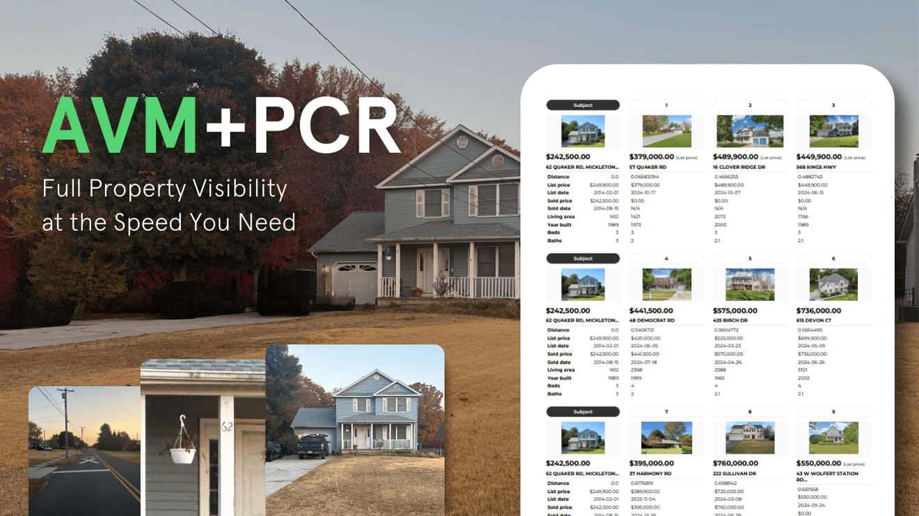 Marketing graphic highlighting ProxyPics AVM plus Property Condition Report showing a single family home with verified exterior photos alongside a comparable sales grid, demonstrating how real time field data and valuation insights combine to support faster, more informed real estate underwriting and acquisition decisions.